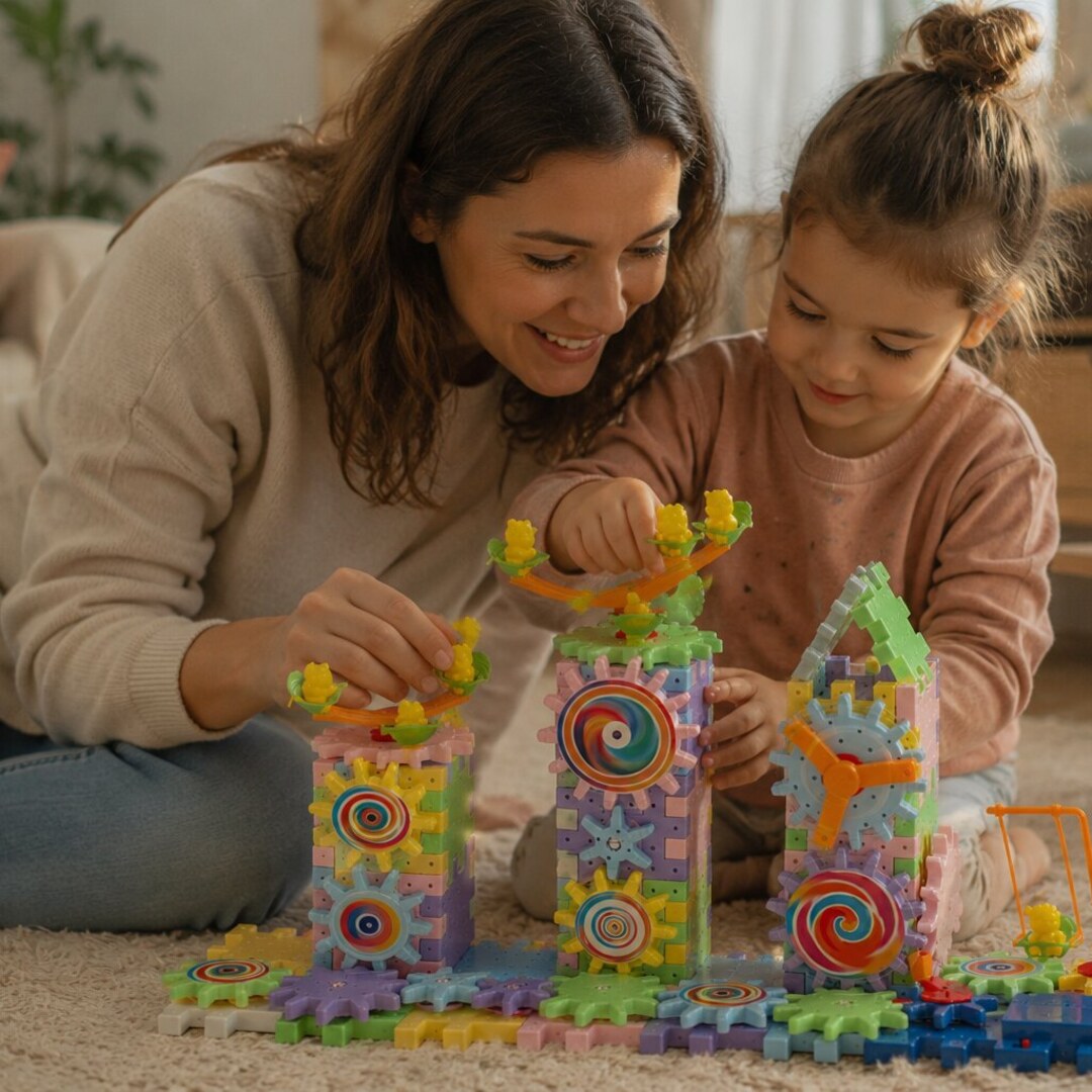 Anya és gyermeke együtt építenek a KölyökLab fogaskerék építőjátékkal